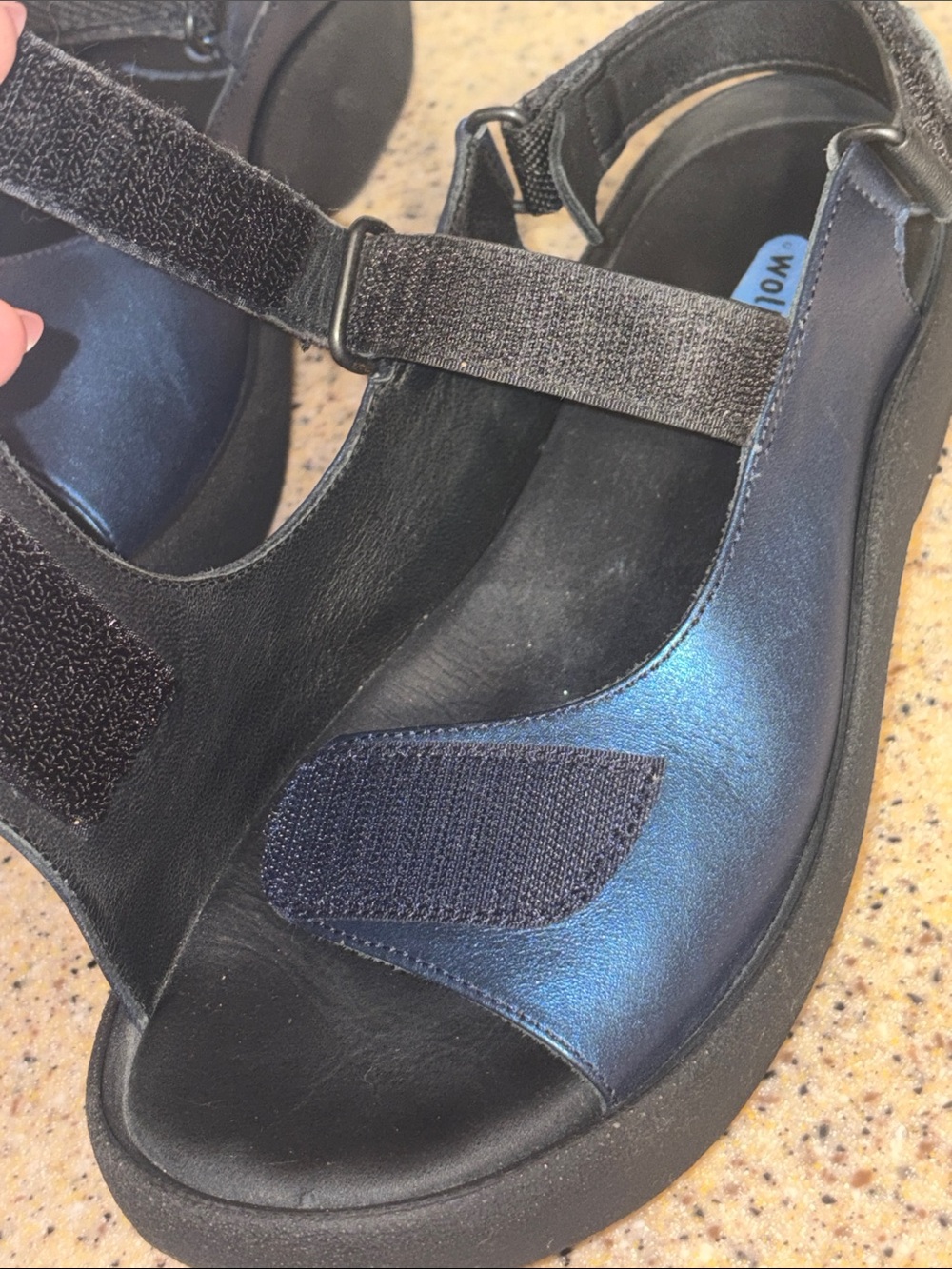 Wolky Jewel Women’s Metallic Navy Blue Open-Toe Sandals with Hook-and-Loop Strap - Picture 3 of 8